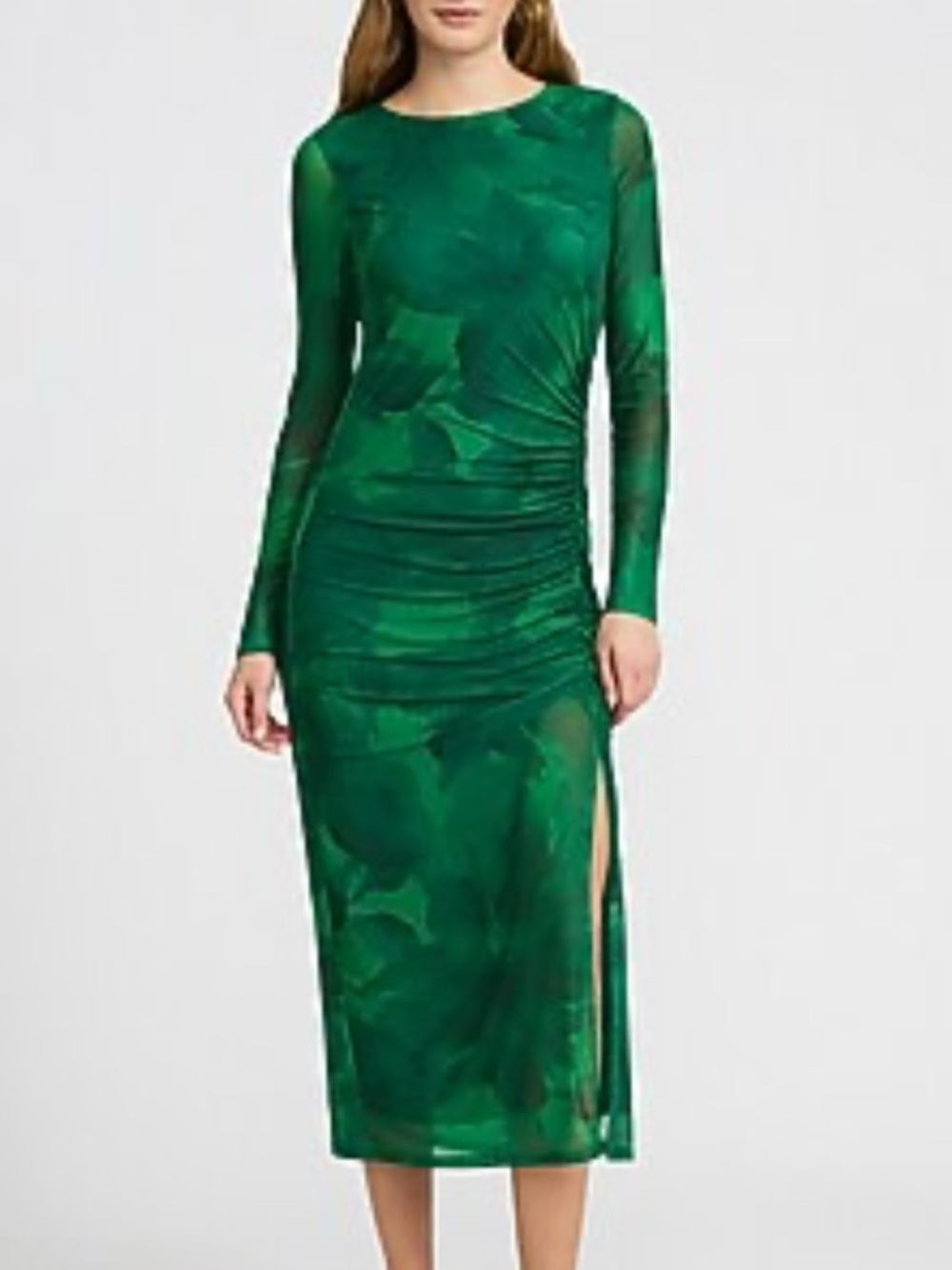 Express Green Long Sleeve Ruched Midi Dress